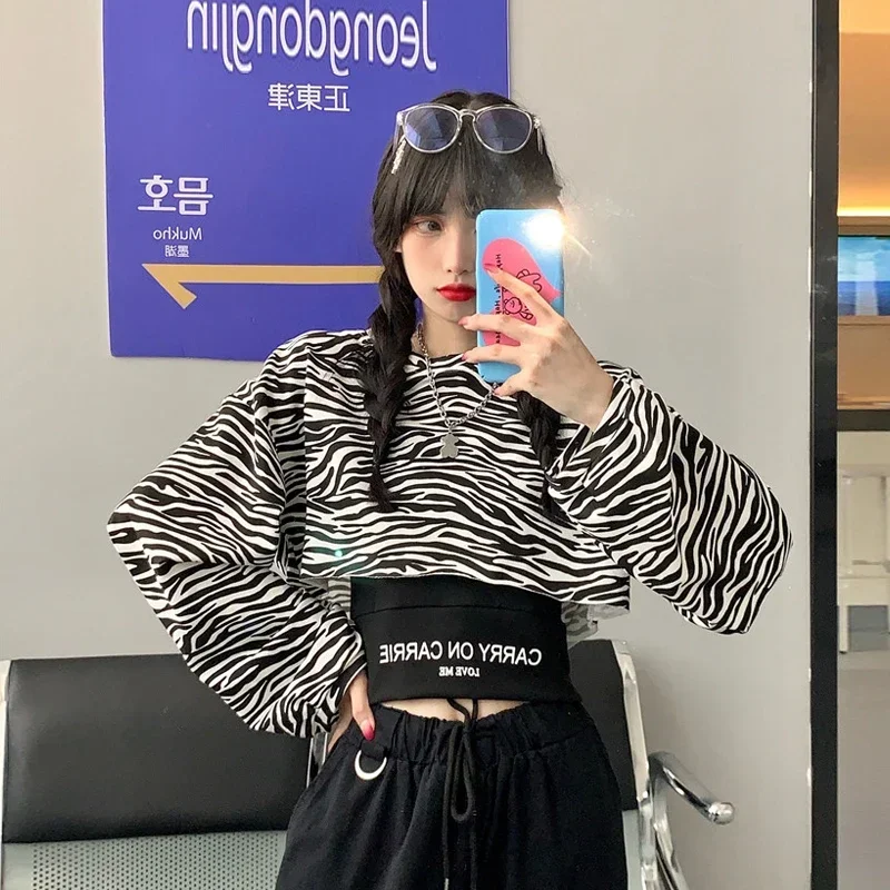 Saliency Fashionable Women's Autumn Pullover Loose Long Sleeve T-shirt Zebra Print Crop Tops Y2k Two Pieces