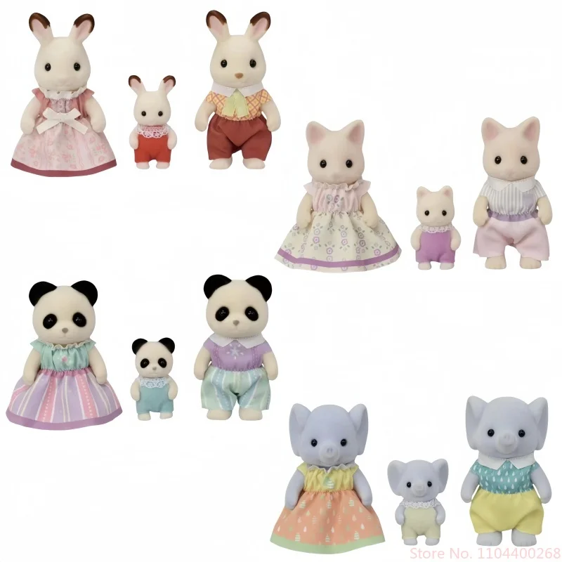 Véritable Sylvanian Families Anime Figures Calico Critters Ensemble Floral Chat Chocolat Lapin Éléphant Panda Famille Trio Girts Cadeaux