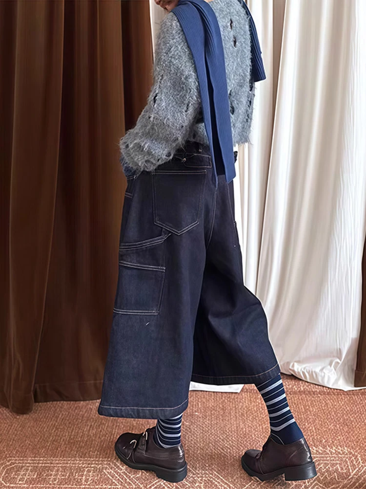 Style américain rétro épais sept quarts pantalon hiver 2025 nouvelles femmes ligne lumineuse poche boucle ample jambe large jean