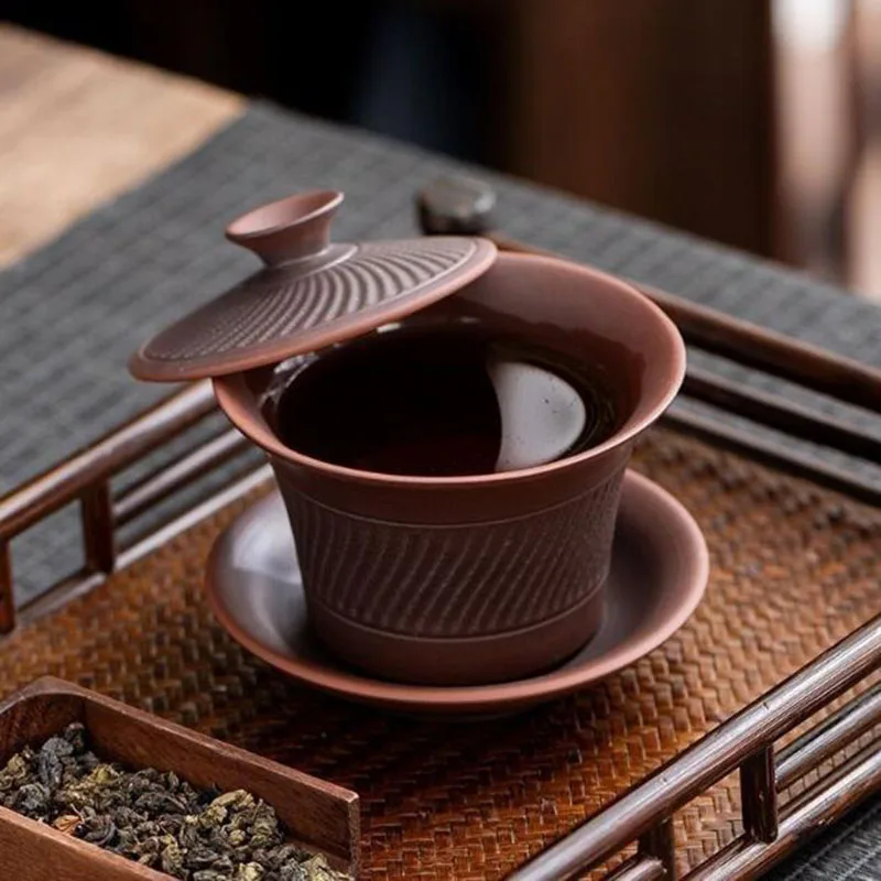 Purple Clay Sancai Gaiwan Kungfu Tea Bowl Tea Cup Tea Pot Hovering Bowl Cover Kitchen Teaware Drinking Accessories