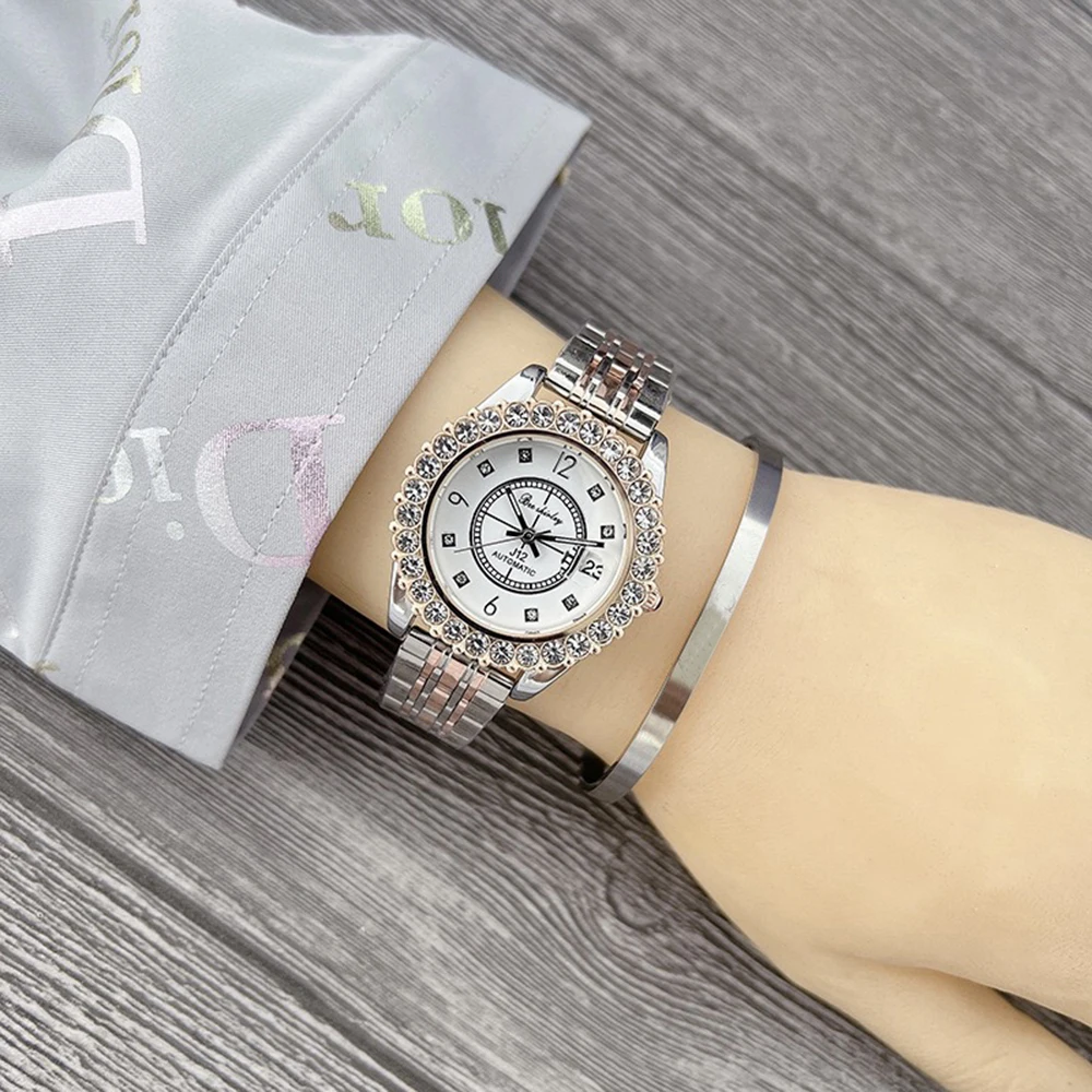 Reloj de lujo con diamantes de imitación para mujer, conjunto de joyería elegante de cristal de acero con caja, 6 piezas