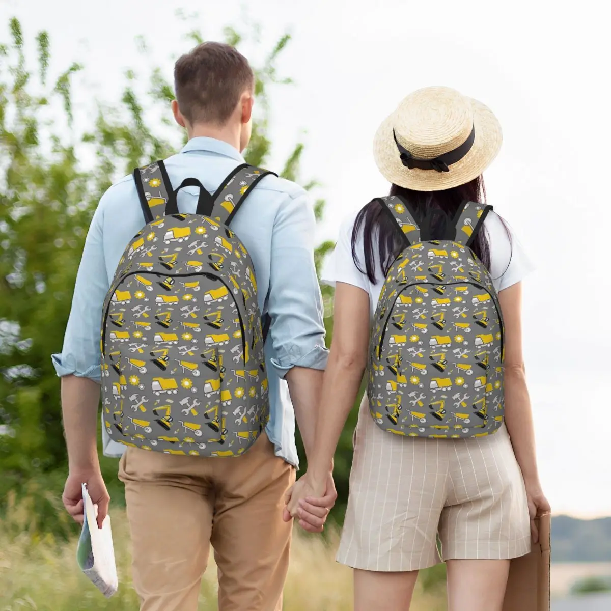 Construction Trucks On Illuminating Yellow And Ultimate Gray for Teens Student School Book Bags Canvas Daypack High College