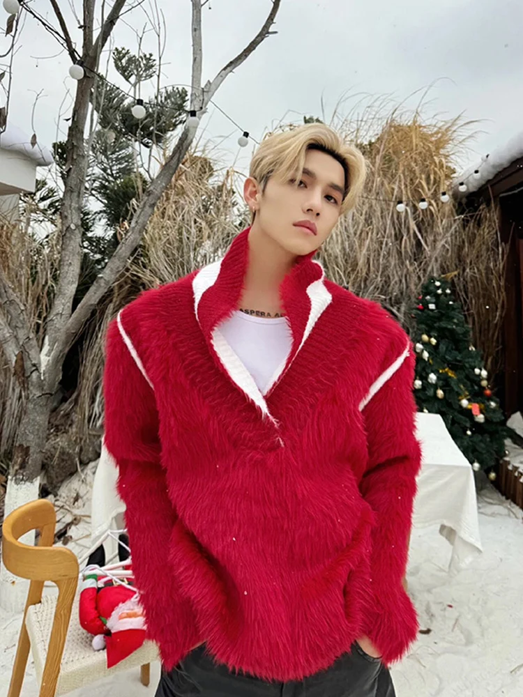 

Красный американский вязаный свитер для пары в стиле кэжуал, зимний, с V-образным вырезом, длинными рукавами, свободного кроя, для повседневной носки