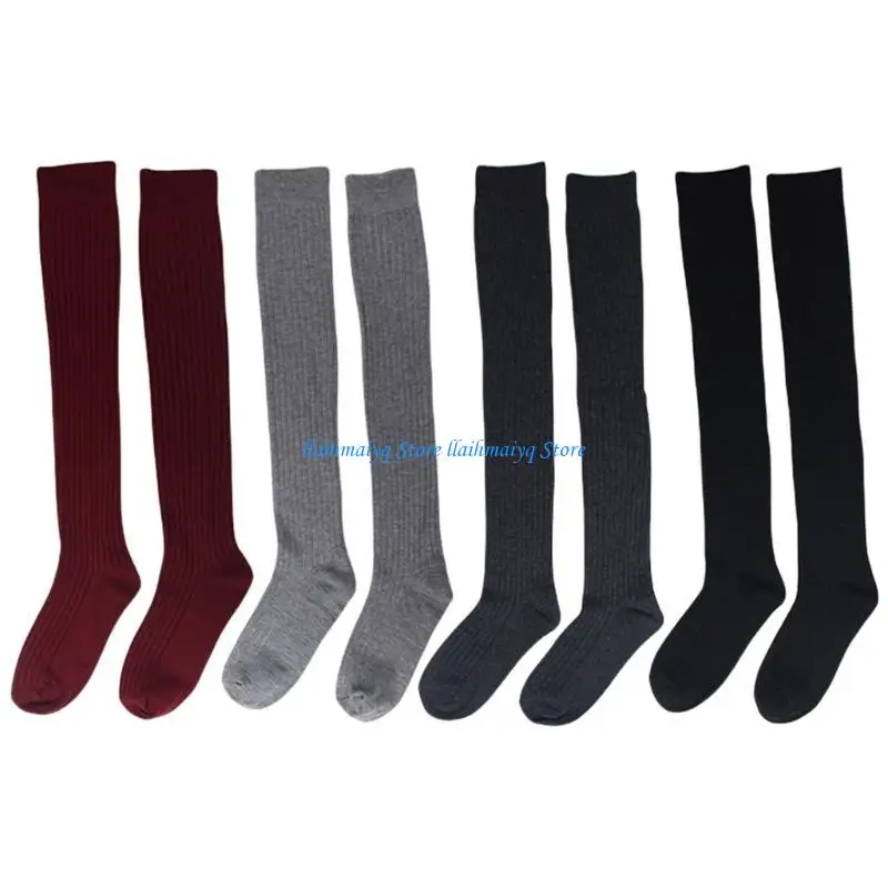 

573B Elegant Over the Knee Long Socks Ribbed Knitted Striped Solid Color Thigh High Stockings Leg Warmers for Women's Hosiery