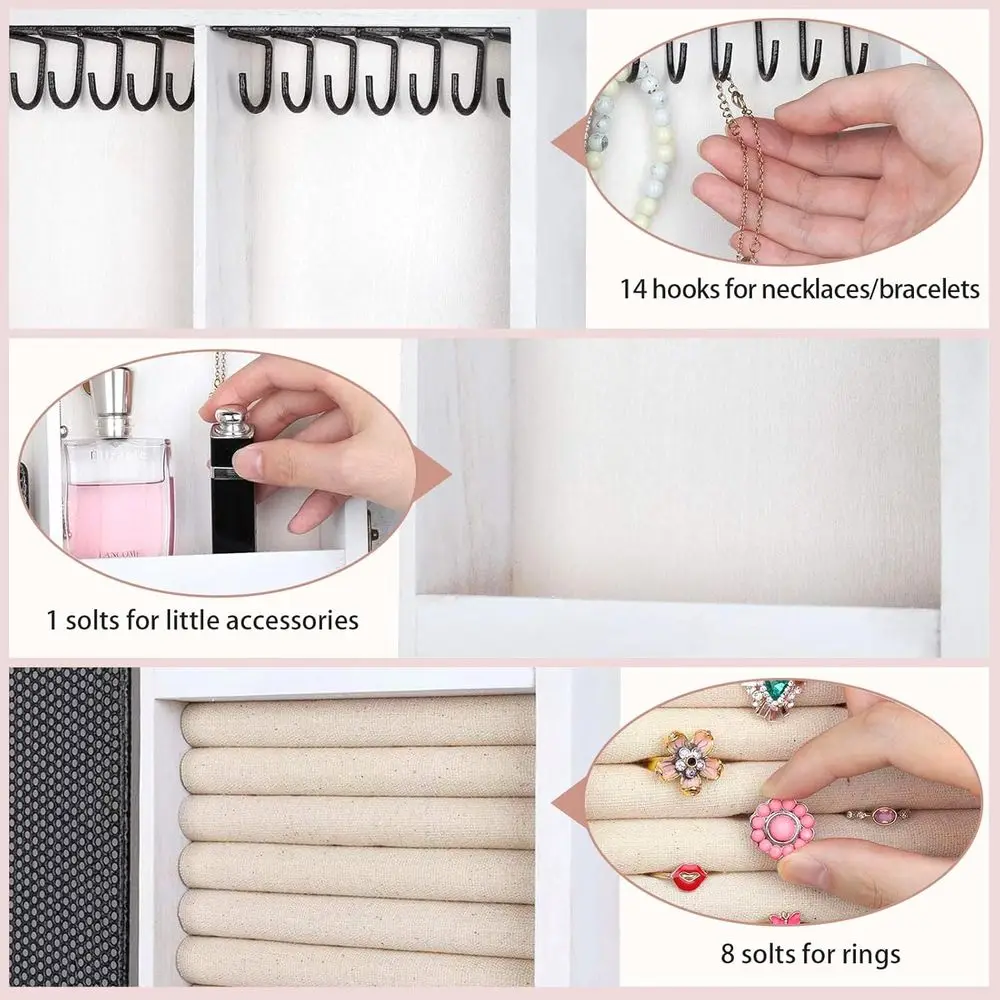 Rustikaler Wandschrank aus Holz mit Spiegel zur großen Schmuckaufbewahrung: Halsketten, Ohrringe, Armbänder, Ringe – Weiß