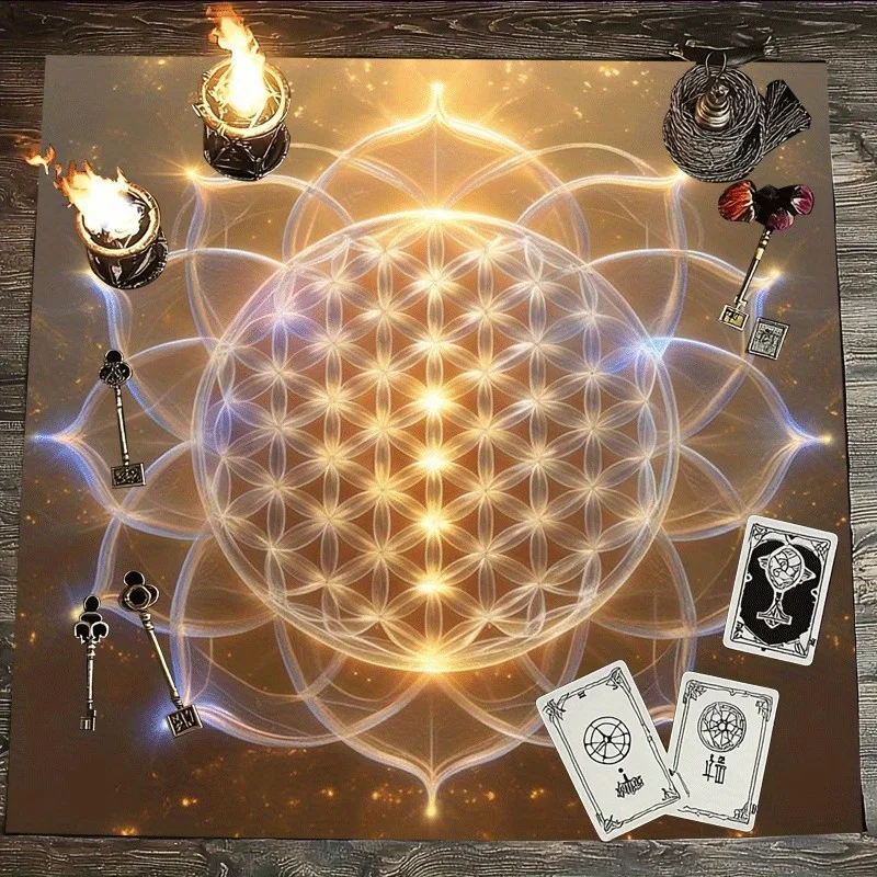VIKAMA Golden Flower of Life Tarot Altar Cloth Sacred Geometry Witchcraft Divination Mat for Tarot Reading Spiritual Home Decor