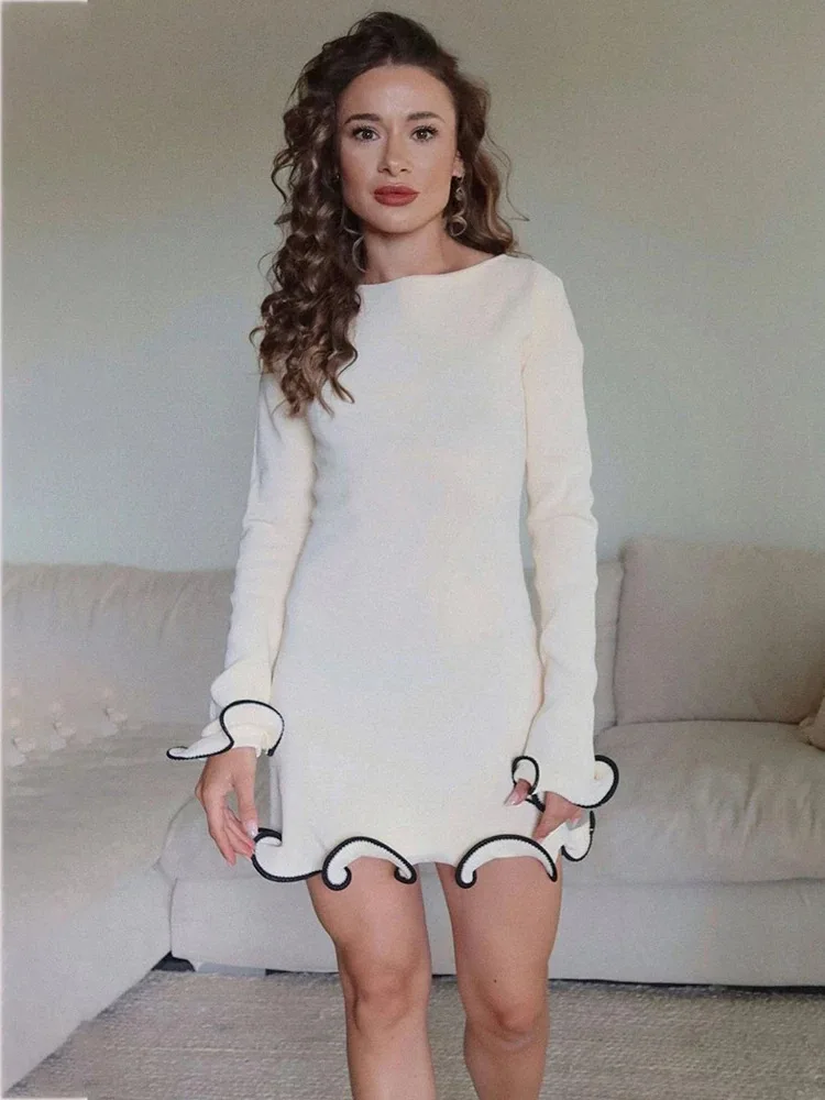 Sukienka w stylu retro z lat 2000, amerykańska moda, okrągły dekolt, dopasowana, codzienna, z długim rękawem, w stylu spicy girl, prosta, z falbankami, wyszczuplająca, elegancka, mini, krótka spódniczka.