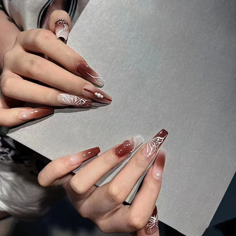 24개 롱 누드 화이트 그라데이션 발레 네일 세트, 골드 샤이니 파우더 라인 디자인 프레스온 네일, 탈부착 가능한 가짜 네일 팁