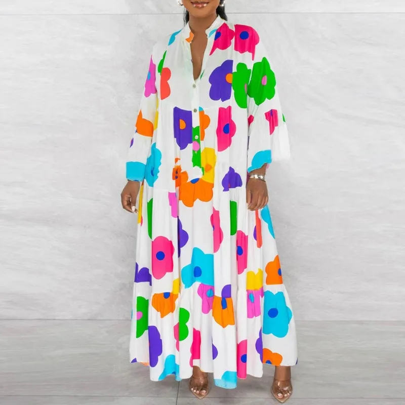 Robe de soirée longue à col en V pour femmes, chemise plissée à manches longues, bouton imprimé floral, maxi adt, mode décontractée, printemps, automne