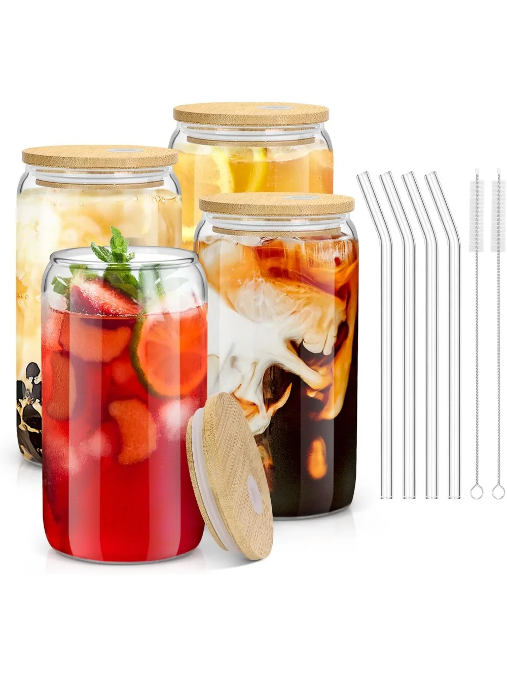 

4-Pack 16 oz Glass Tumblers with Bamboo Lids & Straws – Clear Drinkware for Coffee, Tea & Cocktails