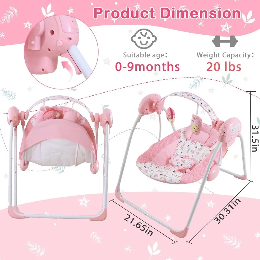 Balanço infantil dobrável rosa para meninas de 0 a 9 meses com música, 5 níveis de velocidade, configuração de tempo, almofada macia, uso interno e externo