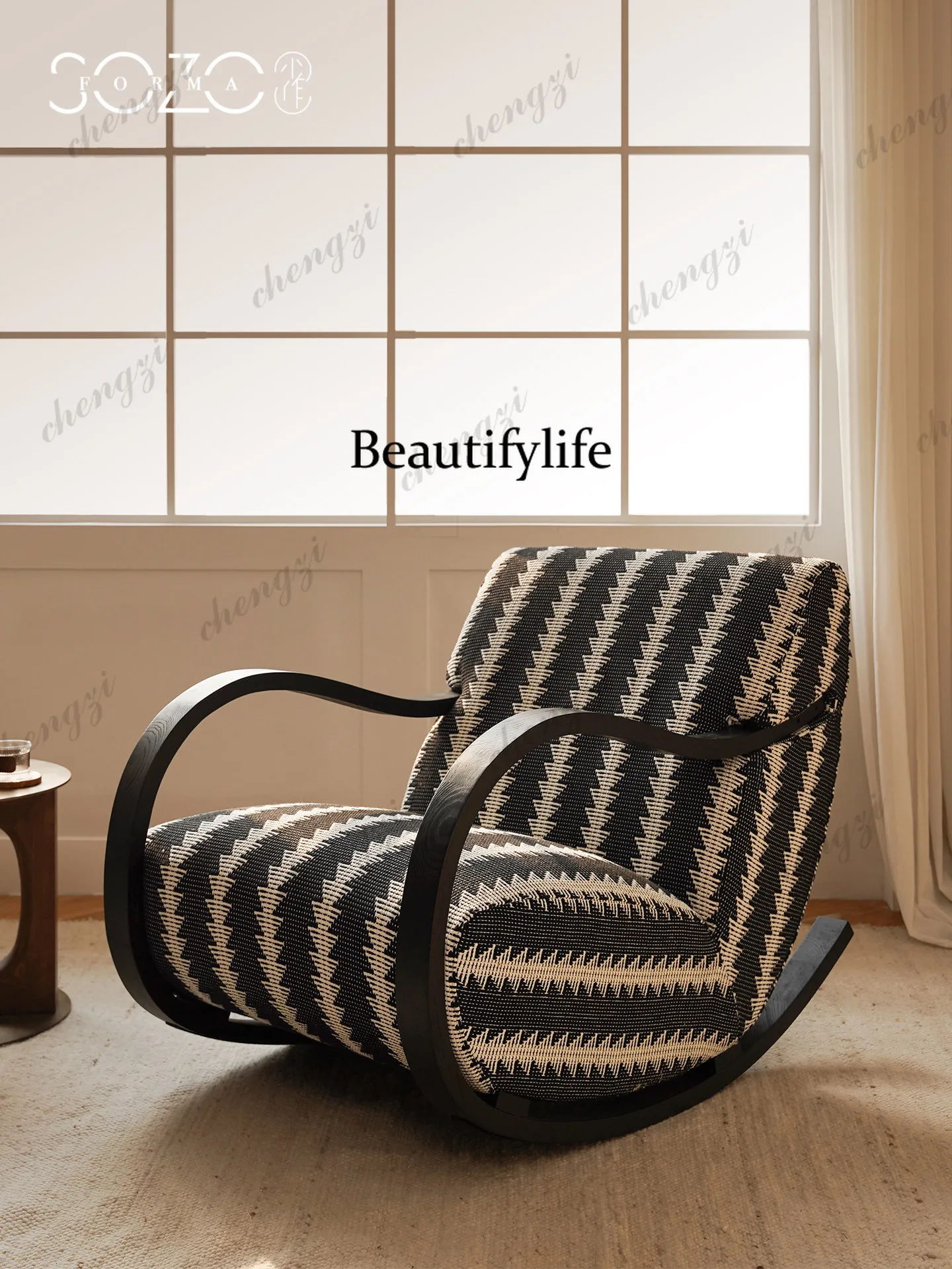Retro Geometric Striped Single Sofa Chair Medium Antique Living Room Bedroom Swinging Casual