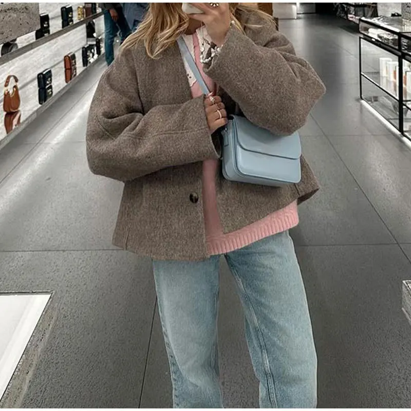 

Women Autumn Lazy Tweed Coat Retro Luxury Harajuku Streetwear Cropped Jacket Brand Loose Casual Commuter Senior Soft Short Tops