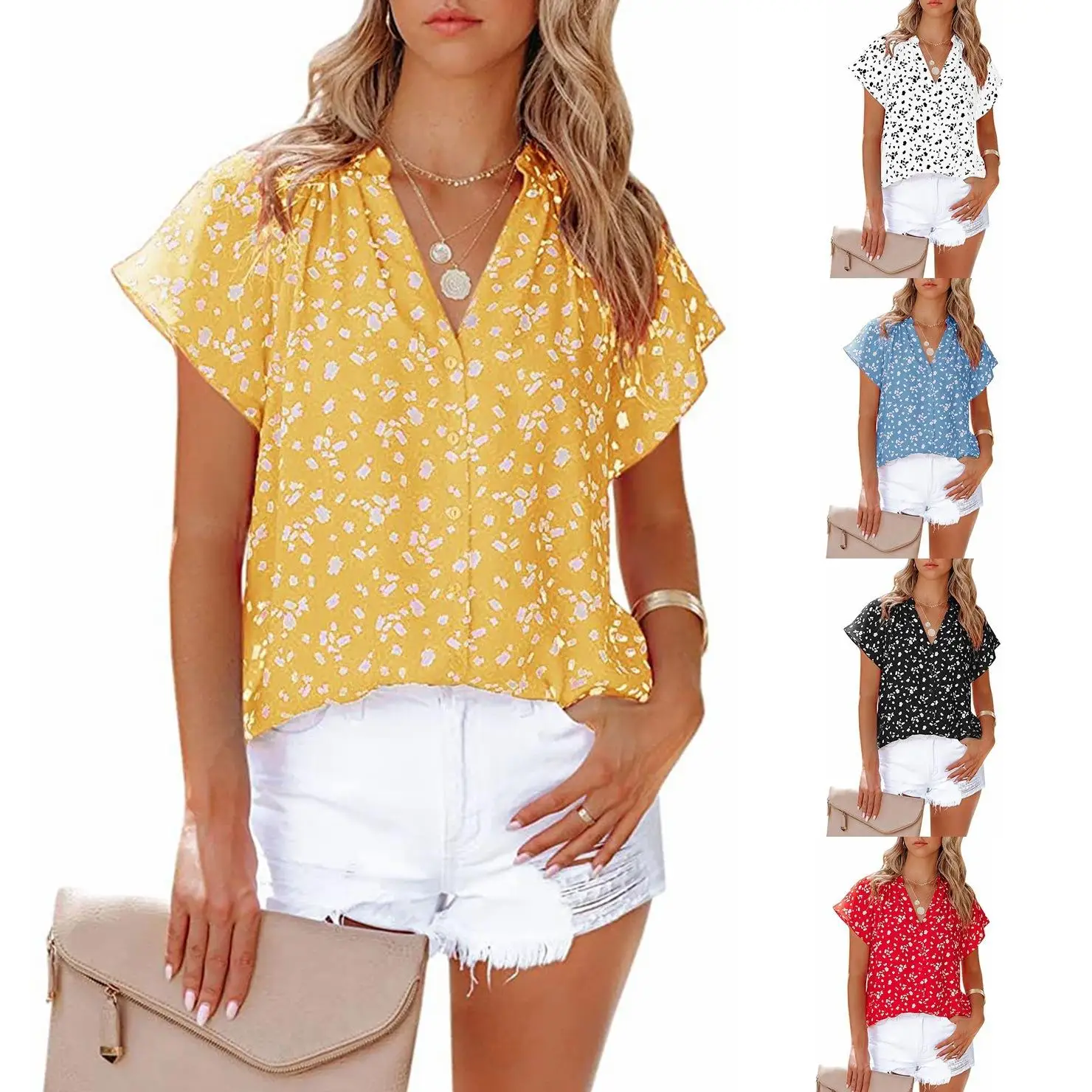 

Women's Printed Short Sleeve Shirt Collared Top European Style Fashion Ladies' Clothing Not Easy to Deform Winter Collection