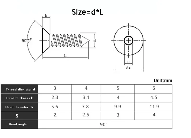 M3 M3.5 M4 M5 M6 Nickel Plated/Black 8.8 Carbon Steel Allen Hex Socket Flat Countersunk Head Self Tapping Screw