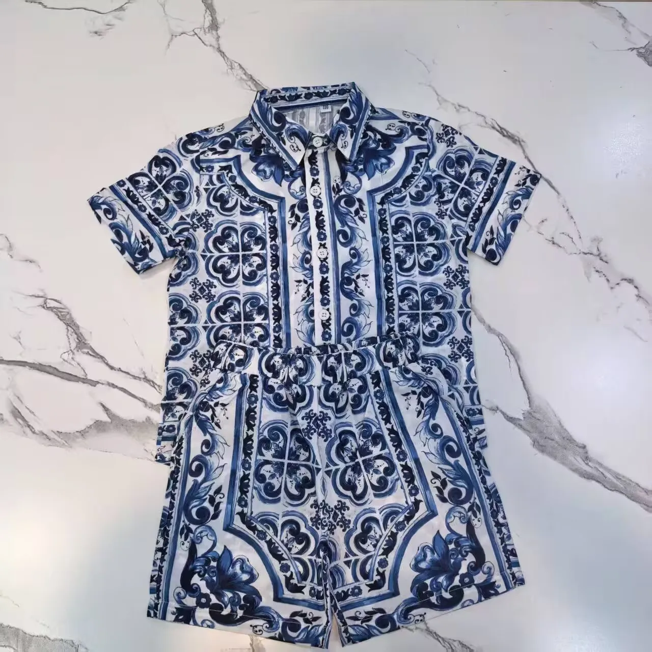 

2026 Lightweight boys shirt shorts blue flower swimwear set Soft and quick-drying cotton fabric children daily summer clothes