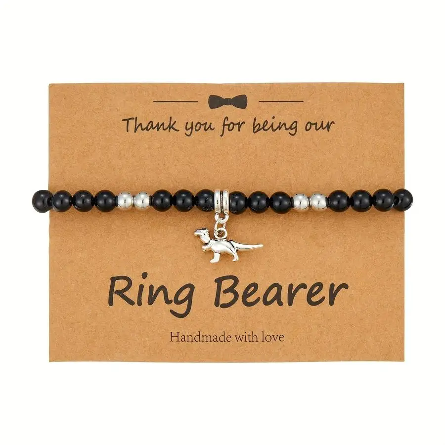 1/5/10/20/50/100pcs Adjustable Dinosaur-Themed Beaded Bracelet with Thank You Card - Cute Proposal Gift for Ring Bearer, Imitati