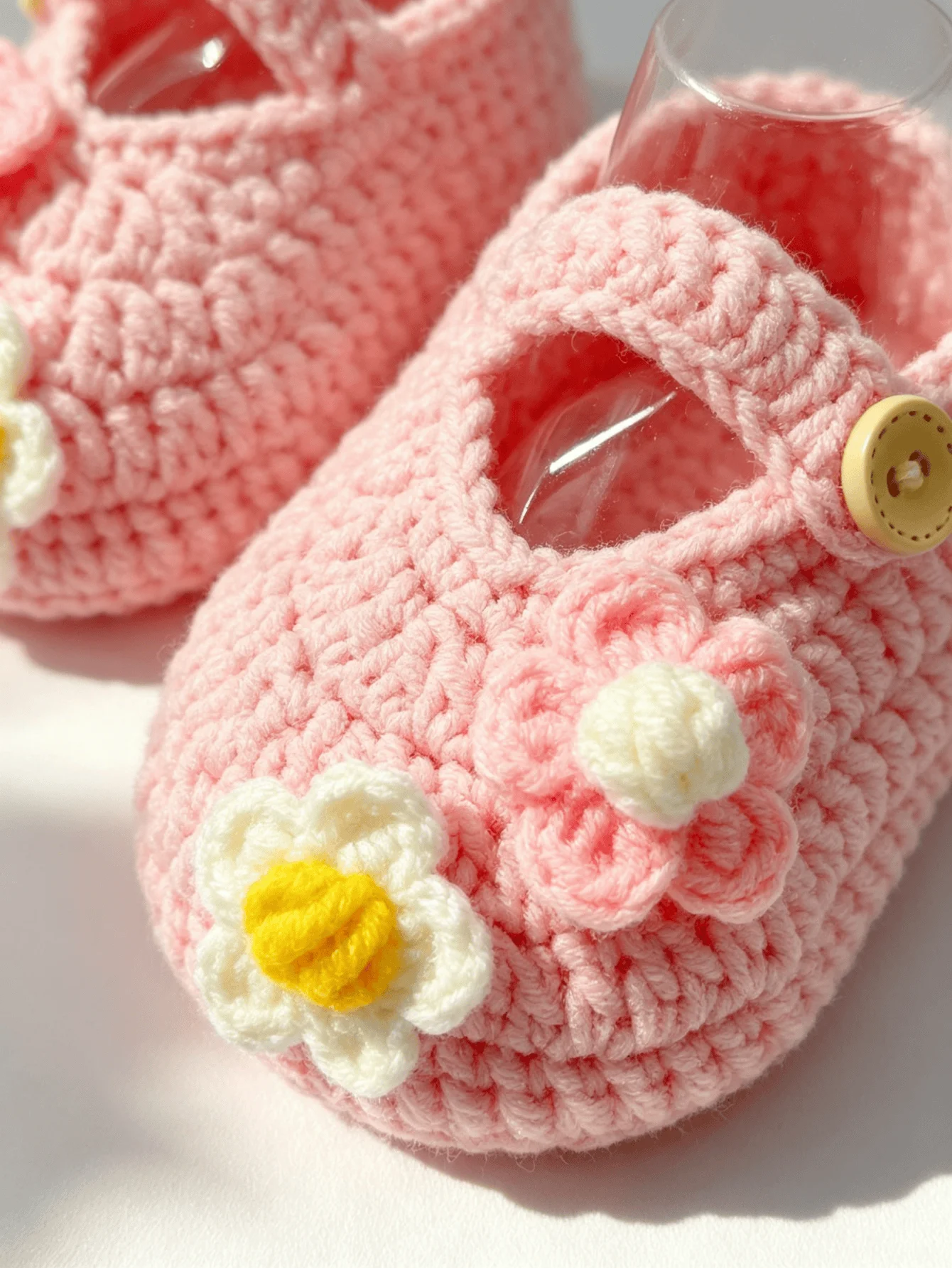 1 Pair Crochet Baby Girl Booties, Pink, Handmade Knit Shoes with Daisy Flower Detail and Button Strap