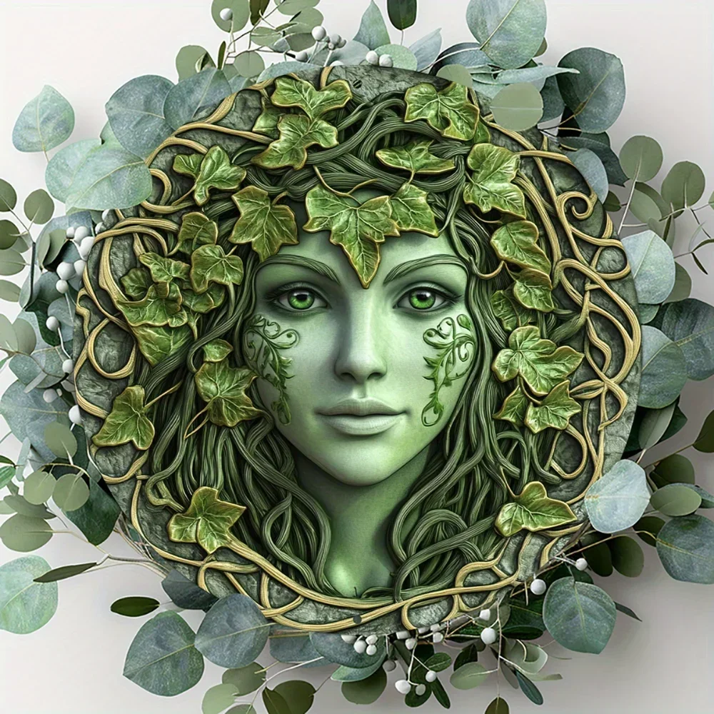 2D Aluminum Round Metal Sign, Green Tree Woman Face Theme Decor, Flat Circular Wreath Sign, Suitable for Halloween Christmas