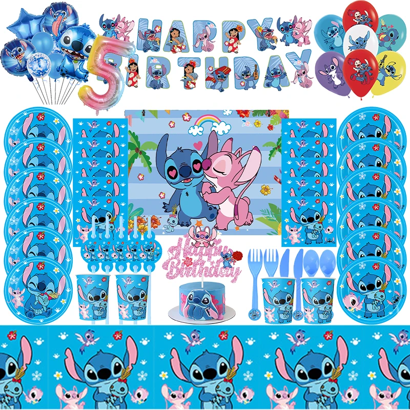 Disney Stitch-vajilla decorativa para cumpleaños, vasos de papel, platos, telón de fondo, mantel, globos, suministros para fiesta de cumpleaños para