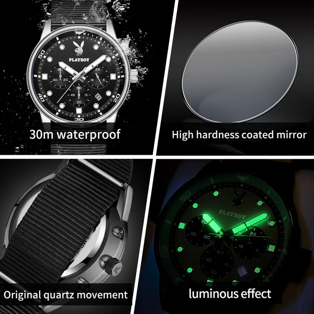 PLAYBOY Best Selling Fashion Multifunction Quartz Watch for Men New Original Waterproof Calendar Luminous Men's Wrist Watches