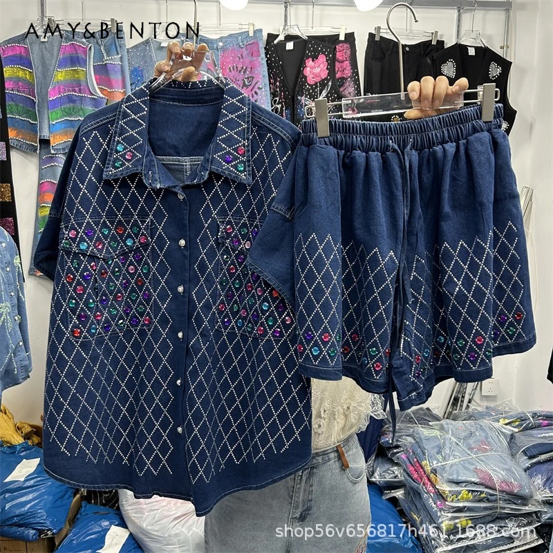 

Women's Suit Heavy Industry Rhinestone Diamond Drills Batwing Sleeves Denim Shirt Top+Elastic Waist Wide-leg Shorts 2-pieces Set