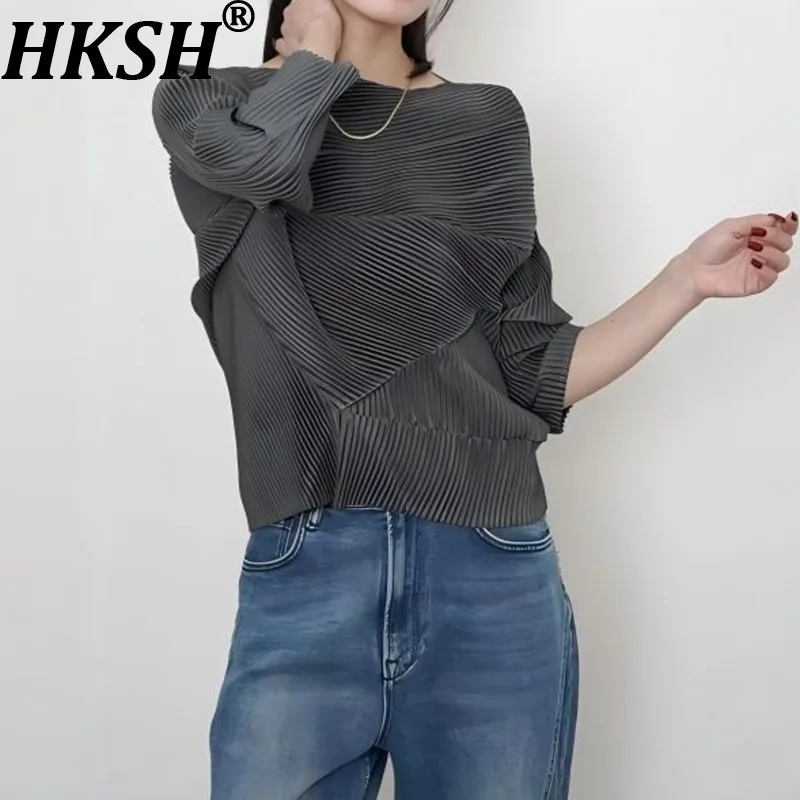 

Женская футболка HKSH с асимметричными складками, круглым вырезом, длинными рукавами, однотонная, свободного кроя, элегантная, повседневная, весна-лето HK21449