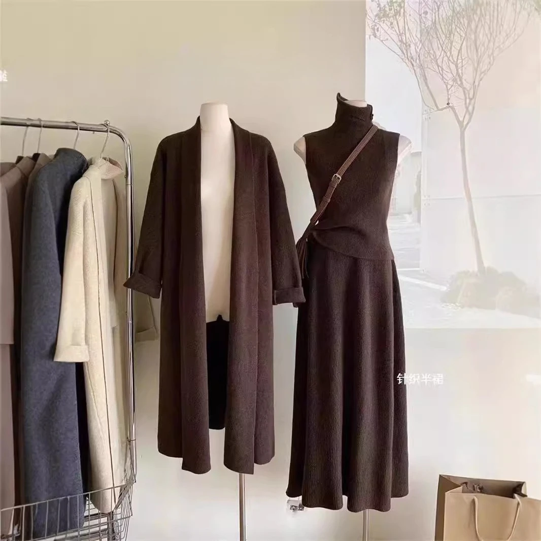 Three Piece Sets Women Outfits Long Sweater Vest Jumper Dress Kint Cardigan High Waist Skirts Spring Autumn Winter E11162