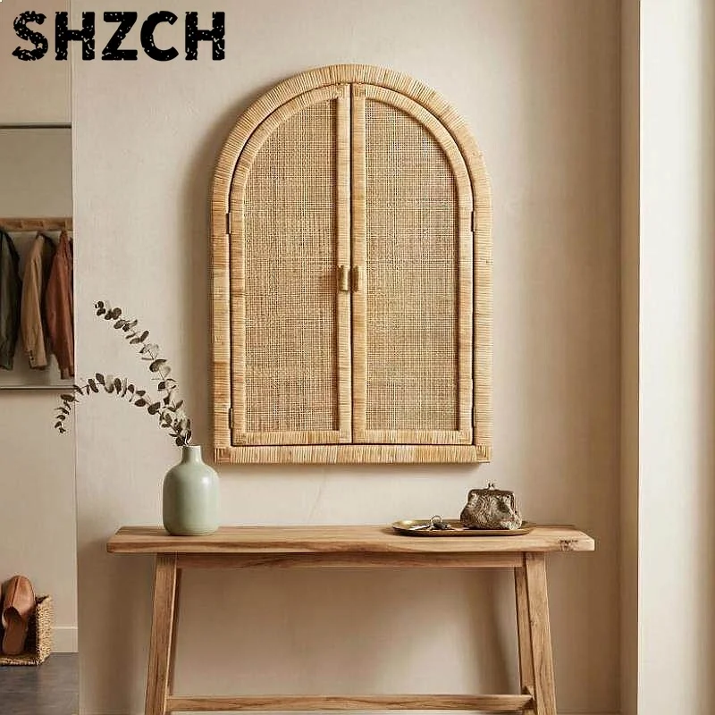 Vintage Arch Rattan Woven Faux Window Wall Decor for Nordic Farmhouse Home