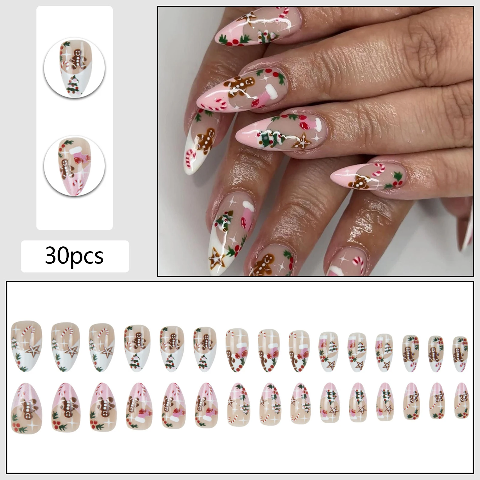 Women's Press On Nails Christmas Party Decoration Festive Holiday False Nails Set Cute Xmas Manicure Gift Accessories