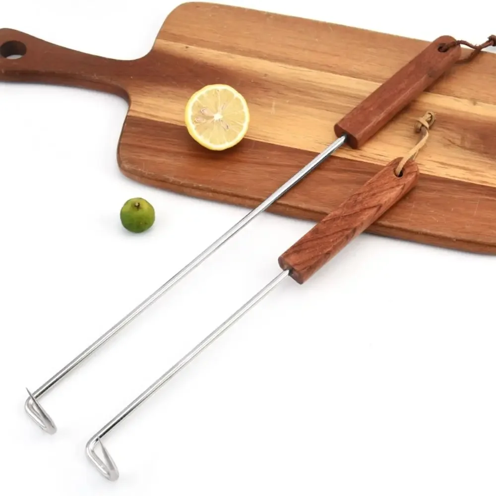 Stainless Steel BBQ Meat Flipper Hook Heavy Duty Comfortable Grip Barbecue Food Turner with Hanging Rope Wooden Handle