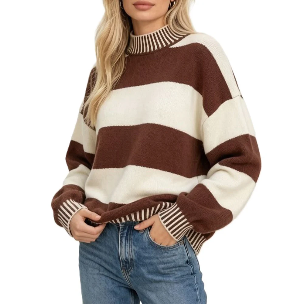 Womens Color Block For Striped Round Neck Loose for Fit Knit Sweater for Vacation Holiday Home Wear Regular Length