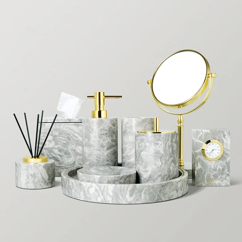 

Pitaya Flower Natural Marble Bathroom Accessories Sets Soap Dispenser Toothbrush Holder Cup Toilet Brush Ashtray Jewelry Trays