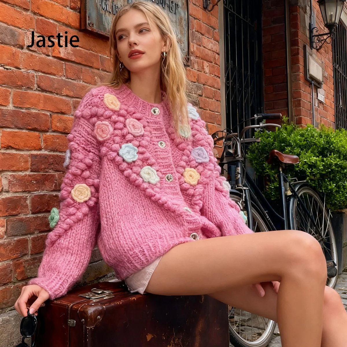 

2025 Autumn And Winter Boho 3D Hand-crochet Rose Sweater Cardigan Jacket Women's Single-breasted O-Neck Long-sleeve Knit Sweater