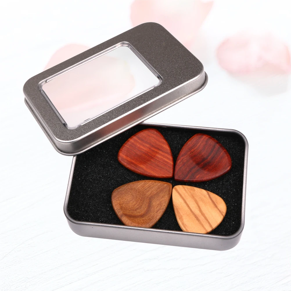 

1 Set/ Iron Case and Wooden Guitar Pick Guitar Pickup Accessories Box Guitar Pick Collection Holder Storage Box (Box and 4
