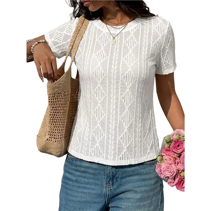 NEW-Women's Jacquard Fabric Back Knot Cut Out Short Sleeve Crew Neck T-Shirt