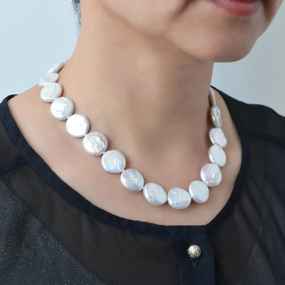 Real Baroque Pearl Necklace Disc Shape White Natural Freshwater Pearl Jewelry Handmade Wedding Ladies Necklace