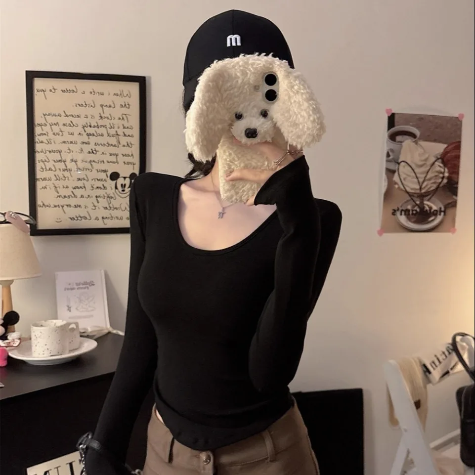Early Autumn Pure Desire Sexy U-Neck Back Lace Splicing Long Sleeve T-Shirt Women Slim Fit Fixed Band Chest Pad Slimming Effect