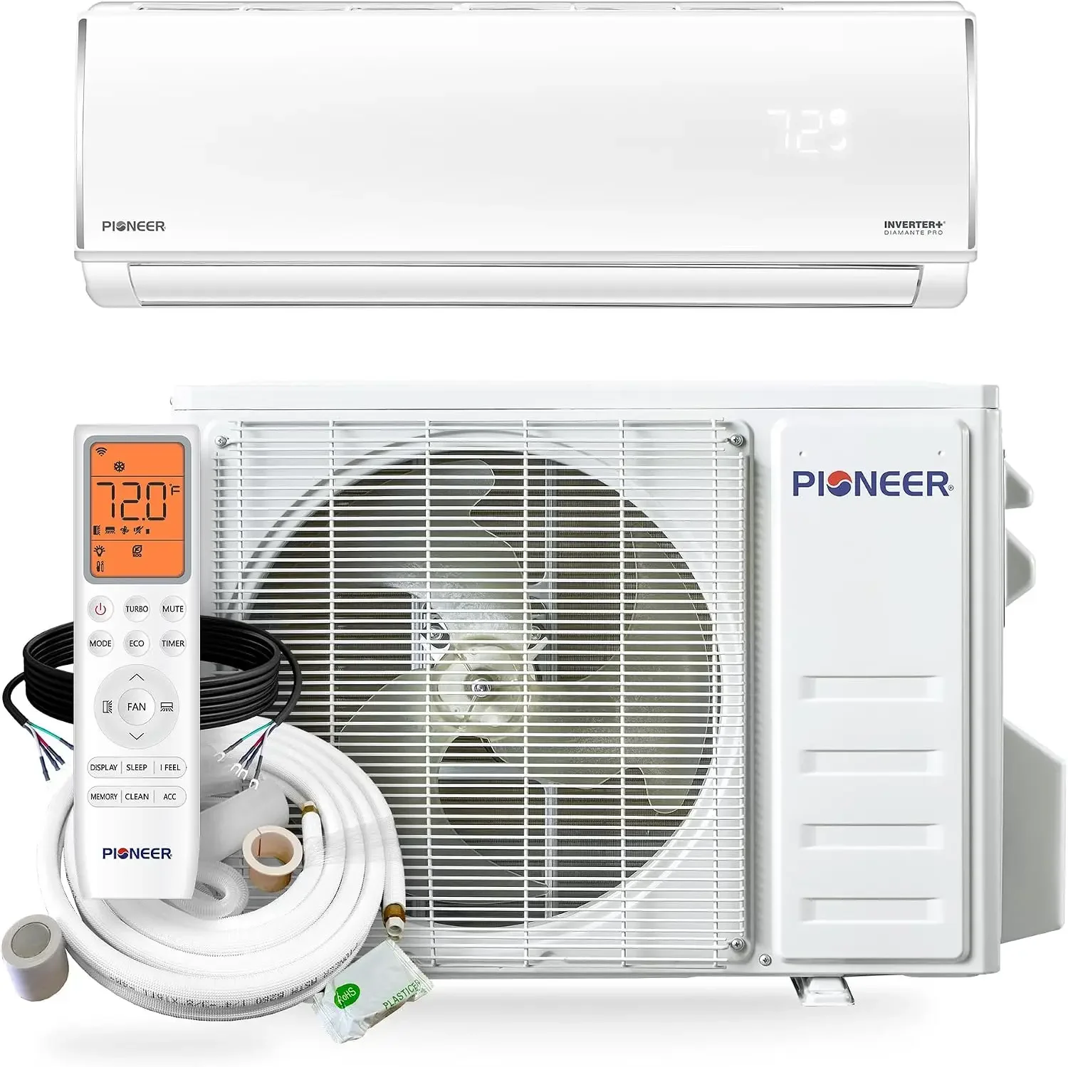Pioneer Diamante Pro 12000 BTU 20 SEER2 230V Ductless Mini Split Inverter Heat Pump High Wall Air Conditioner with 16 Ft Kit