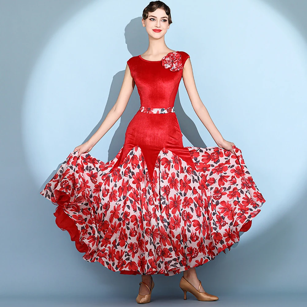 Standard Competition dress Crewneck Velvet Waltz Ballroom Dress Red Print Sleeveless Stage Performance Costume Green