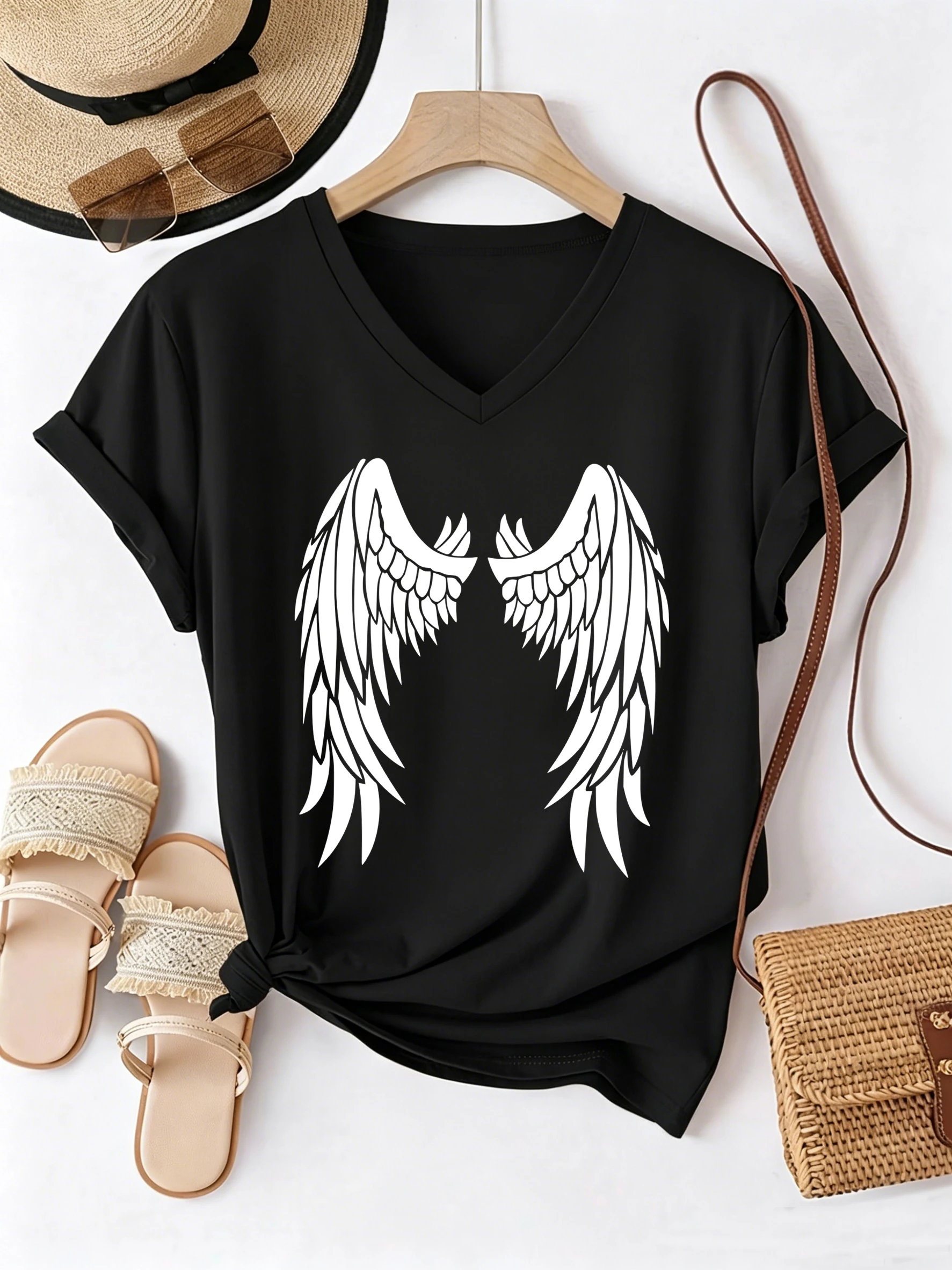 Hip Hop Wing T-Shirt mit V-Ausschnitt, lässige Mode, Vintage-bedruckte T-Shirts für Damen, kurzärmeliges T-Shirt mit V-Ausschnitt, Sommer, Frühling