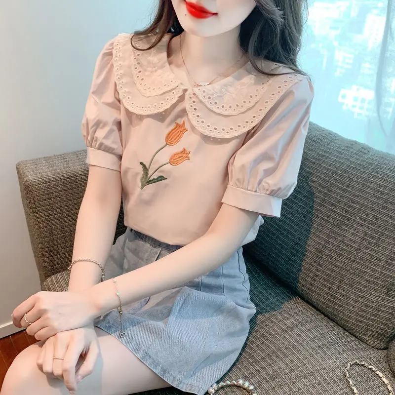 2024 Summer New Fashion Embroidery Simplicity Print Commuter Versatile Temperament Doll Neck Short Sleeve Casual Pullover Shirt