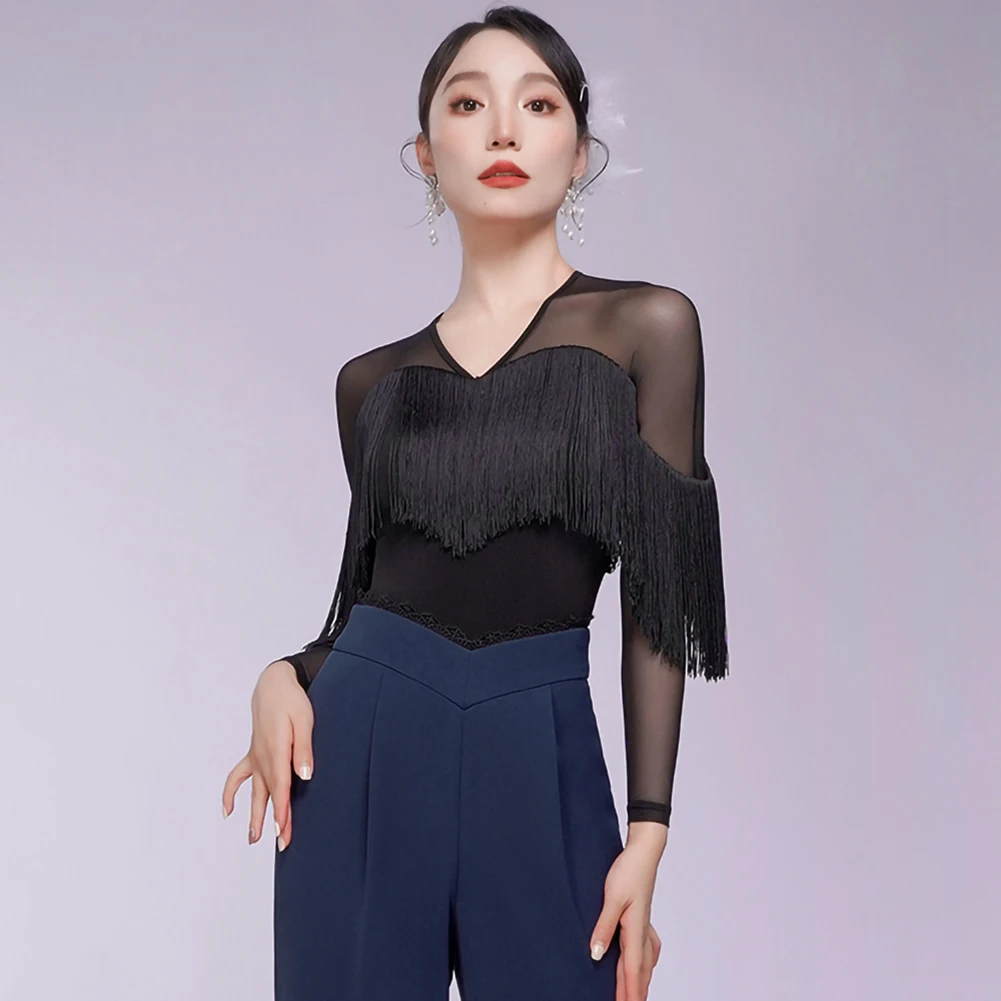 

Purple Practice Tassel Top New Latin Dance Black Slim Long Sleeve Plum Red Dance V-Neck Performance National Standard Dance Top