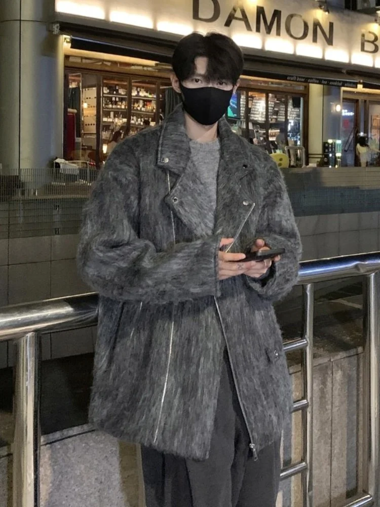 

ort Men's Woolen Coat American Sle Cool Haome Lapel Jaet Warm Winter Outerwear Casual Youth Faion Zipper Decoration