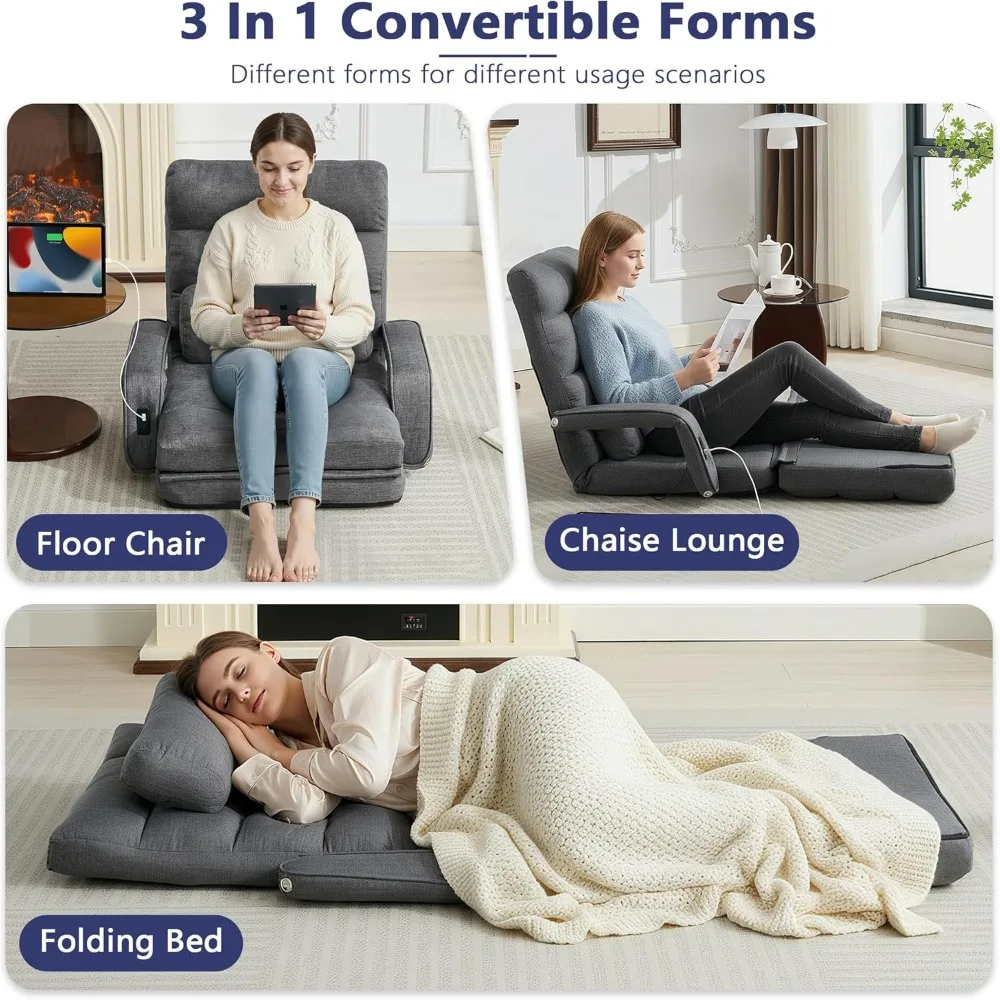 STHOUYN Comfy Floor Chair Bedroom 2 USB Charging Ports, 5-Position Couch Gaming Lounge Chairs Adults, Indoor Folding Lazy Sofa M