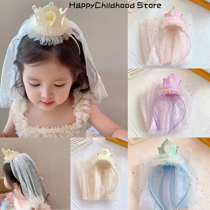 Princess Girl Hair Hoop Sweet Crown Squein with Mesh Hairs Band for Toddler Girl Birthday Party Baby Head Wear Hair Accessories