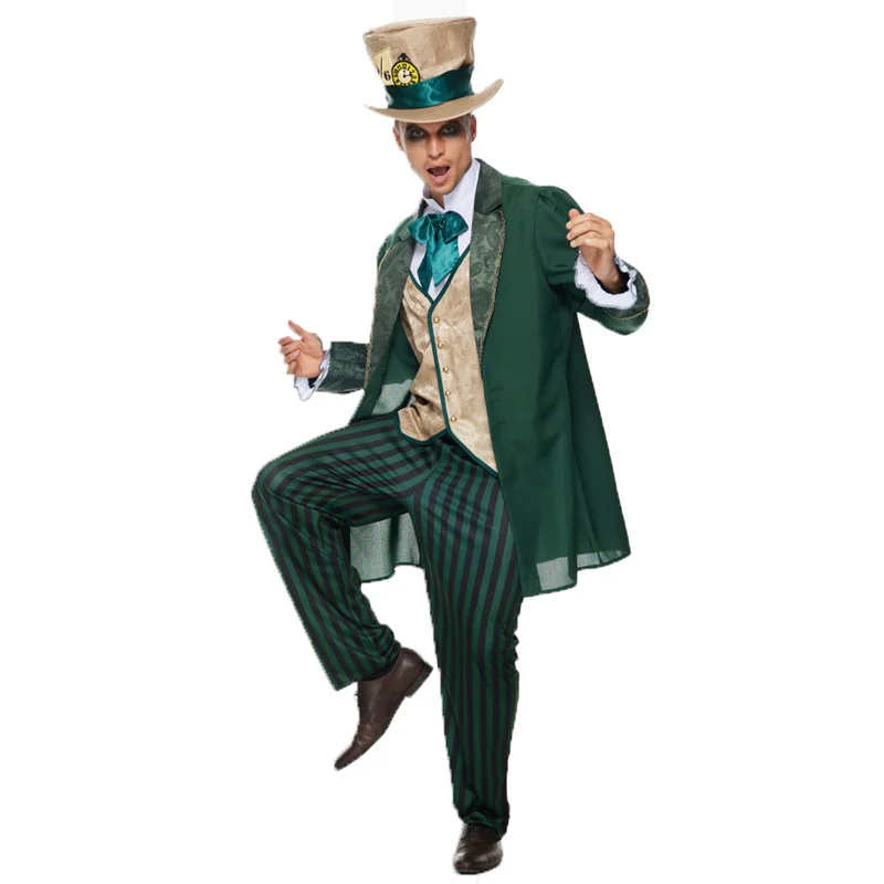 

Movie Alice In Wonderland Mad Hatter Jervis Tetch Cosplay Costume Coat Top Hat Striped Pants Full Set Suit Halloween Party