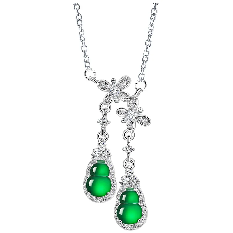 Natural A-grade Jade Sun Green Double Gourd Pendant S925 Silver Inlaid Ice Jadeite Women's Jewelry Fashion Hanging Set Chain