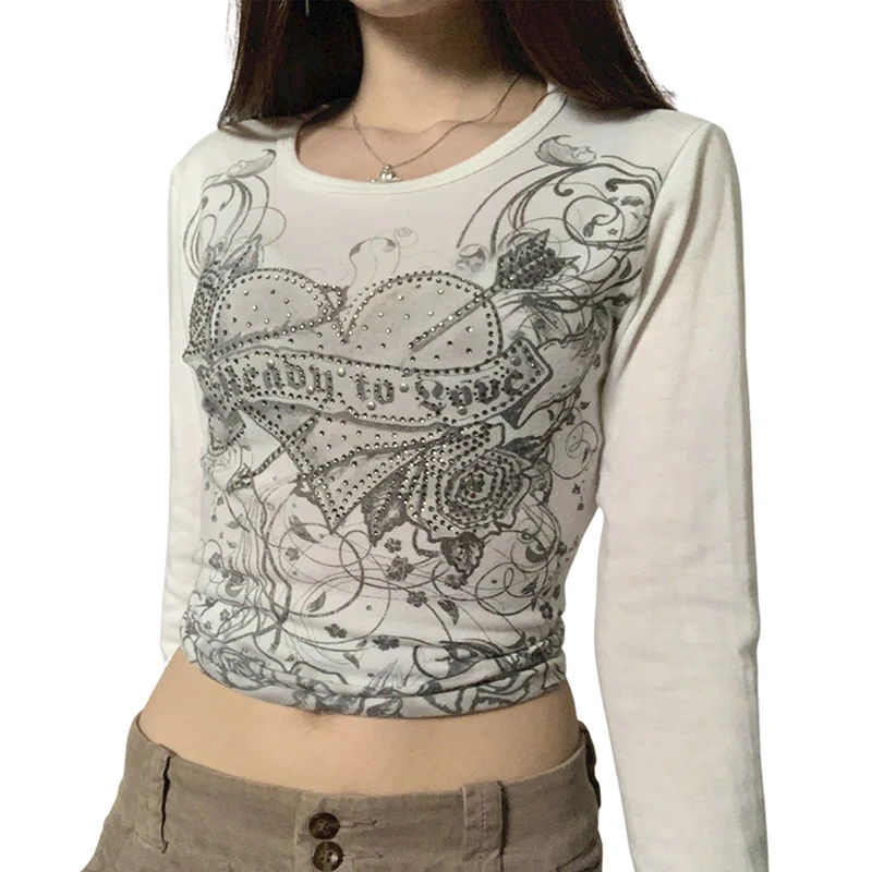 Women Vintage Crop Tops Adults Rhinestone Love Pattern Long Sleeve Round Neck T-shirt