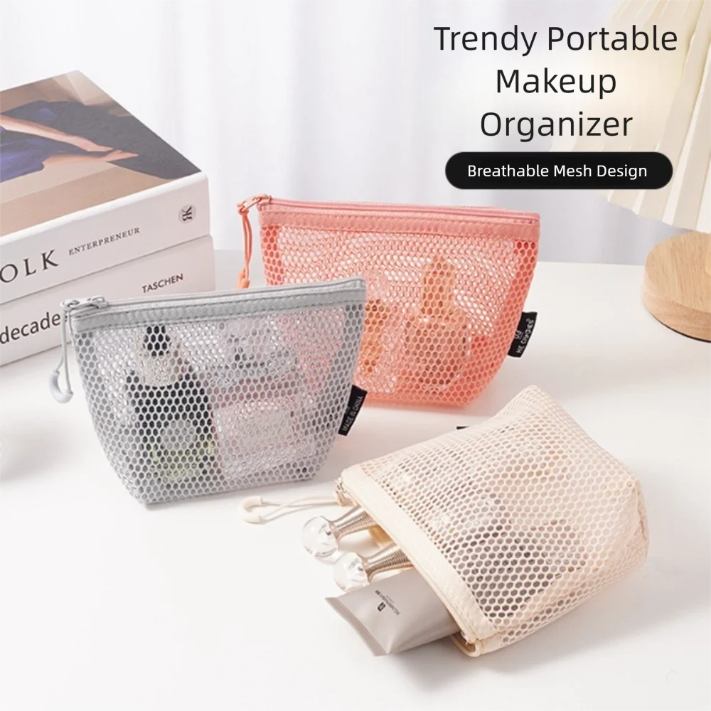 Portable Mesh Cosmetic Bag Transparent Dopamine Lipstick Makeup Bag Large Capacity Zipper Coin Purse for Women Girls